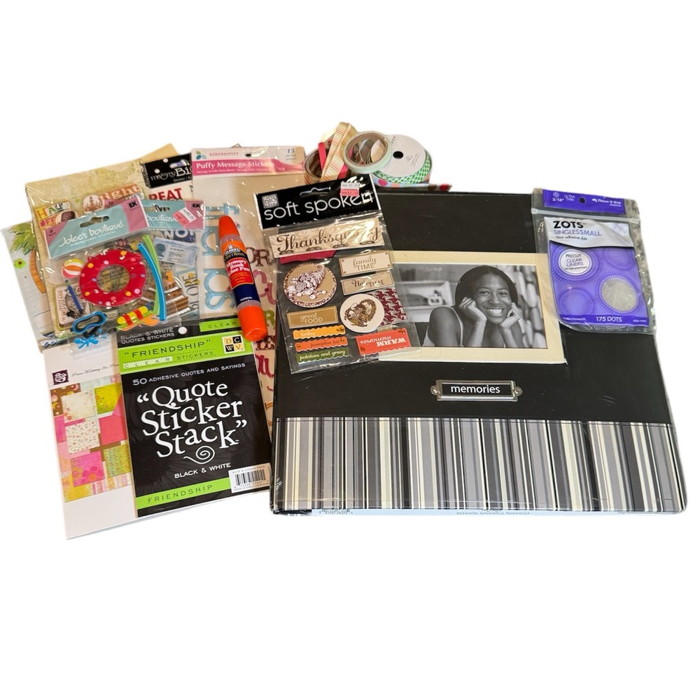 Scrapbook Album And Supplies Stickers, Letters, Ribbon, 48-5x7 Sheets New&Used